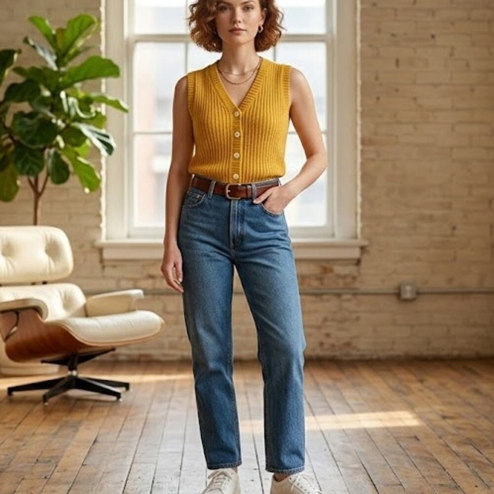 Vintage LizSport Mustard Yellow Ribbed Knit Button Front Sweater Vest Cardigan
